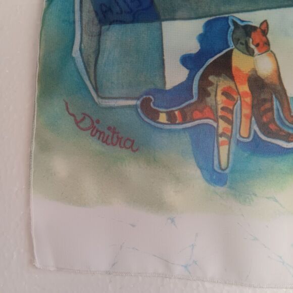 Ifasma Scarf Made In Greece Greek Village Kos Isles Cat Azure Design Rectangle - Picture 4 of 10